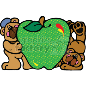 In this image, there is a cartoon of a green apple surrounded by two teddy bears who are hugging it. The cartoon of the apple, teddy bears, and parrot give the image a whimsical feel. The vibrant colors and cartoonish elements of the image make it eye-catching and memorable.