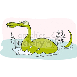 The clipart image features a whimsical cartoon depiction of a green dinosaur or sea monster with a long neck rising out of the water. There are some plants at the bottom of the water body, and the background suggests a simplistic representation of water with ripples.