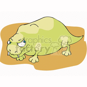 The clipart image shows a green cartoon-style creature that resembles a mix between a dragon and a dinosaur. It is squat with a heavy body, small limbs, and appears to have scales. The creature has a grumpy or unfriendly facial expression and prominent teeth protruding from its lower jaw.