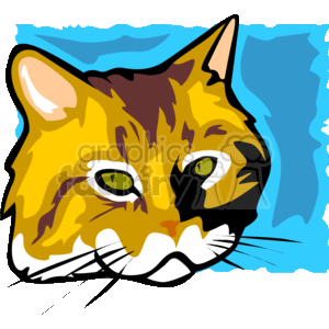 The image is a stylized clipart of a cat's face. It features bold colors and abstract shapes, giving it a modern, artistic look. The cat has prominent yellow and brown fur, green eyes, and distinctive black markings typical of a feline's face. The background consists of simple abstract blue shapes, perhaps suggesting a sky or an abstract environment behind the cat. The overall style is simplified and graphic, typical of clipart used for various design applications.