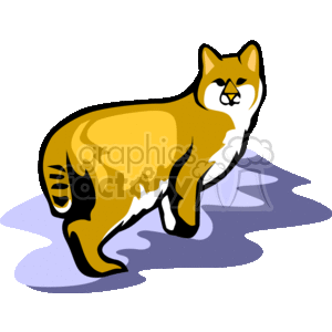 The image is a clipart depicting a stylized lynx. The animal is shown in profile view with prominent features like pointed ears, which often have tufts at the tips, and a short tail, which are characteristic of lynxes. The clipart uses a simple color palette with oranges, whites, and blacks to depict the animal's fur, and purples for shadows or ground illustration.