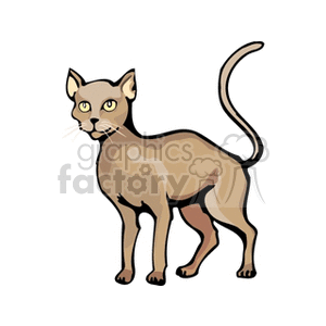 The image is a clipart illustration of a standing cat. The feline has a slender build, prominent eyes, and a long tail, indicative of its agility and alertness.