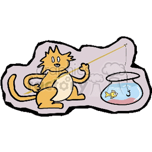 The clipart image depicts a stylized illustration of a tan-colored cat with a playful expression, using a fishing rod to touch a fishbowl that contains a fish. The cat has a mischievous look and seems to be having fun with the idea of fishing for the pet fish in the bowl. The background is a simple, nondescript grey shape to make the main subjects stand out.