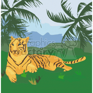 This clipart image features a tiger lying down in a jungle setting. The background includes palm trees and distant blue mountains, suggesting a tropical environment.