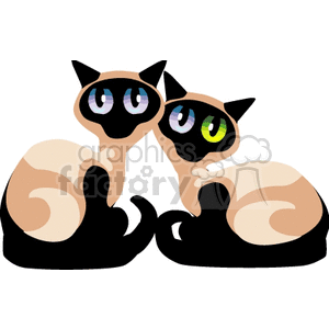 The clipart image depicts two stylized Siamese cats with large, expressive eyes that have mismatched colors. One cat has a blue and a purple eye, while the other has a green and a yellow eye. The cats have cream-colored bodies with black points on their ears, paws, and tails, which is characteristic of the Siamese breed. They appear to be sitting close together, suggesting a sense of companionship or kinship.