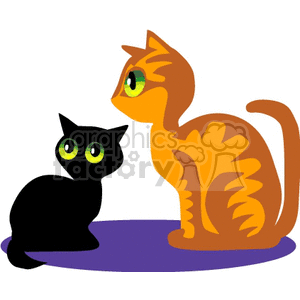 This clipart image features two cartoon cats. On the left is a black cat with large green eyes sitting on a purple surface. On the right is an orange striped cat with green eyes sitting in a profile view, appearing to be larger than the black cat. The cats have a simplistic and stylized design, typical of clipart graphics.