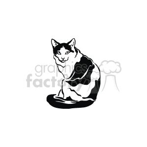 The image is a black-and-white line drawing of a cat. The style is simple and resembles clipart, suitable for various graphic uses. The cat is depicted sitting and looking forward with a focused gaze. The features are simplified, but the essence of a cat's posture and appearance is captured.