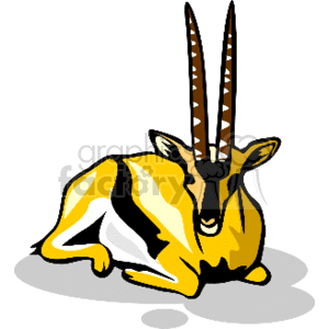 This image is a clipart illustration of a Thomson's gazelle, which is a type of antelope. The gazelle is depicted as lying down with its legs folded underneath its body. It features the characteristic slim build and the long, pointed horns typical of Thomson's gazelles. The coloration is stylized with yellow and white patches, which represent the distinctive coat pattern found on these animals.