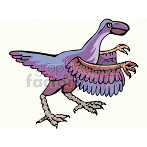 The clipart image depicts a stylized cartoon of a theropod dinosaur, which appears to be bipedal with feathers on its arms and possibly on other parts of its body. It has a pronounced beak, large eyes, and a lively, dynamic pose.