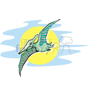 The image depicts a stylized version of a pterodactyl, which is a type of flying reptile from the time of the dinosaurs. The background consists of blue and white that could represent the sky, with a yellow circle that suggests the sun.
