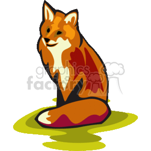 The image is a clipart of a fox sitting down. It features a stylized depiction with bright orange, red, and white colors, which are common for a fox's fur. The fox appears to be sitting on a green surface, possibly representing grass.
