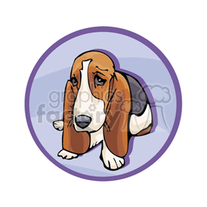 The clipart image depicts a cartoon of a Basset Hound dog. It's a stylized representation with exaggerated features typical of cartoon illustrations, showcasing the dog's long ears, sad eyes, and droopy appearance, which are characteristic traits of the breed. The background is a simple, circular shape with a gradient of color.