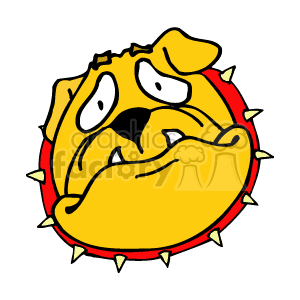 The image is a clipart of a yellow bulldog. The bulldog appears to have a somewhat exaggerated, cartoonish look with large, sad eyes and a big jowly face. It is surrounded by a red circular collar with spikes