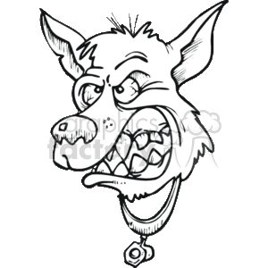 This is a black and white clipart image of an animated character that is designed to look like a mean or angry dog. It's sporting a grumpy expression, with eyes narrowed and teeth bared as if it's growling. The dog appears to be wearing a collar, which suggests it's a pet, and its demeanor implies that it could be considered a guard dog. The image captures the aggressive stance typically associated with a dog that is defensive or protective.