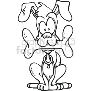 This is a black and white clipart image of a cartoon dog. The dog is sitting upright with a large bone in its mouth, which covers most of its face. Only the dog's eyes are visible above the bone. The dog has long, floppy ears and appears to be looking upwards. It also has a bushy tail and wears a collar with a tag hanging from it. The illustration is designed in a humorous and cute style, typical of funny pet illustrations.
