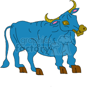 The clipart image shows a stylized illustration of a blue bull. The bull has yellow horns and hooves,. The bull appears to be standing and facing slightly to the side.