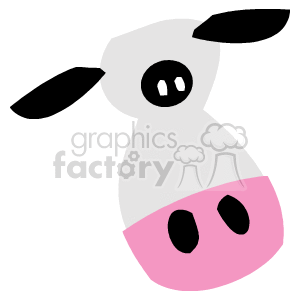 The clipart image features a simplified or stylized depiction of a cow, which is an animal commonly found on farms. The image captures the essence of a cow with a few distinct features such as a large pink snout, a white face with black spots, and a pair of ears. The style is cartoonish, with exaggerated features intended for easy recognition and perhaps for use in educational materials or children's books.