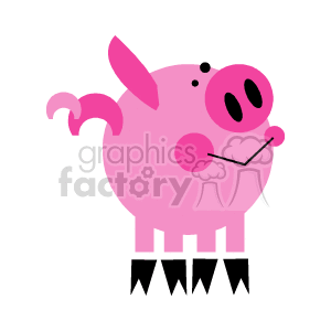 The clipart image features a stylized cartoon pig. It is a simple and cute representation commonly associated with farm animals. The pig is pink with a round body, a curly tail, an overemphasized snout, and it is standing on its hind legs which end in what appear to be cloven hooves. The pig also has a happy expression, with one eye closed as if it's winking.