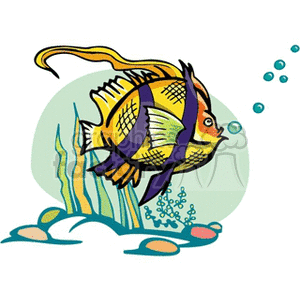 This clipart image depicts a stylized tropical fish with yellow and purple coloring, swimming underwater. It features bubbles ascending from a cluster of seaweed or coral and stones at the bottom, suggesting an underwater scene.