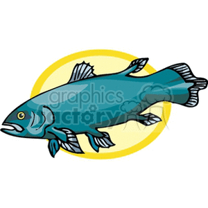 The image depicts a stylized illustration of a fish, with a predominant blue color and fins. The fish is set against a simple yellow circular backdrop, giving it a highlighted appearance. The artwork has a cartoon-like quality suitable for educational materials or children's media.