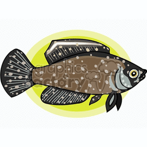 The clipart image features a stylized tropical fish with a grayish body speckled with white dots. The fish has prominent fins with striped detailing and a yellow circle in the background, highlighting the fish.
