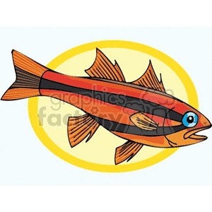 The clipart image features a colorful tropical fish. This fish has a prominent red stripe running the length of its body, with hints of yellow and other colors. It has blue eyes and is depicted against a yellow circular background.