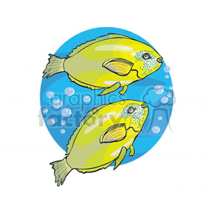 The clipart image features two yellow tropical fish with spots and stripes, swimming underwater with bubbles in the background, suggesting a marine or oceanic environment.