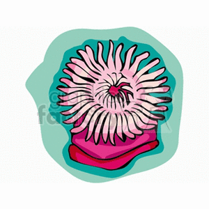The image appears to be an artistic, stylized representation of a sea anemone. It has a radial design with tentacle-like structures expanding from the center, depicted in shades of pink, white, and purple, with a greenish-blue background suggesting an aquatic environment. Sea anemones are not fish or animals typically categorized as tropical exotic Animals Fish, but they are commonly found in tropical marine environments and are associated with reef ecosystems where tropical fish reside.
