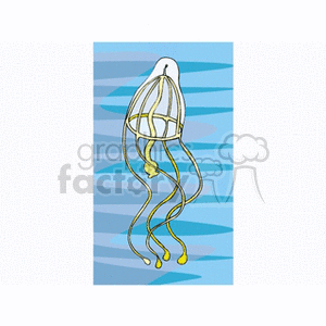 The image depicts a simplified, stylized representation of a squid. The squid has a prominent mantle with what appear to be tentacles or arms trailing below. It is set against a background of blue stripes, which could represent water, suggesting that the squid is in a marine environment.