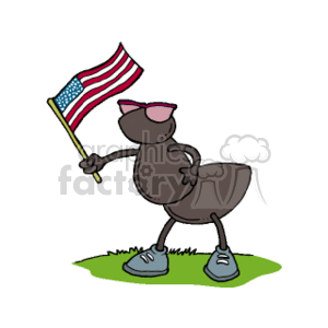 The clipart image shows a cartoon ant wearing sunglasses and sneakers. The ant is standing on a patch of grass and is holding an American flag. This image depicts the ant in a patriotic theme, suggesting a celebration or pride in the United States.