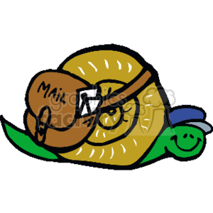 The clipart image depicts a smiling snail carrying a brown mailbag labeled Mail with a single letter sticking out. The snail appears to be on top of a green leaf. This image combines the concept of snails, known for their slow movement, with the delivery of mail, humorously suggesting a snail mail delivery service.