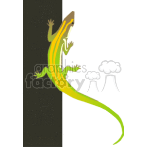 The clipart image features a stylized depiction of a lizard, with prominent features like its elongated body, four limbs, and a long tail. The lizard appears to be climbing or peeking around the corner of a vertical surface, which might be interpreted as a wall or a divide between two planes. The overall design is simple and graphic, typical of clipart illustrations.