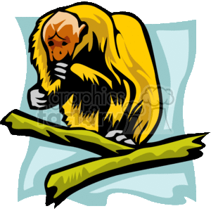 The clipart image features a stylized depiction of a monkey. The monkey has a prominent orange face, with a yellow and black body, and is sitting or crouched on a green branch. The background is a simple pale blue, suggesting a sky or just a plain backdrop. The image has bold outlines and is presented in a cartoon-like style, typical for clipart meant for easy identification and replication across various mediums.