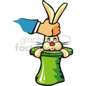 The image is a clipart illustration that depicts a cartoon rabbit being pulled out of a magician's hat by a hand. The rabbit appears surprised, and the hat is green in color. The hand is shown wearing a blue sleeve indicative of a magician's attire.