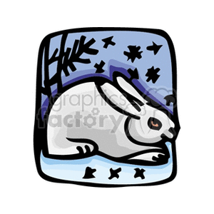 The clipart image features a stylized depiction of a white rabbit with bold outlines. The rabbit is sitting on a patch of ground with a blue sky background adorned with stars. A tree branch is loosely represented in the upper left corner, adding to the outdoor nocturnal scene. The rabbit's eyes, nose, and other facial features are accentuated with simple, thick lines, and there are suggestions of movement or tracks around the rabbit, possibly indicating its hopping path.