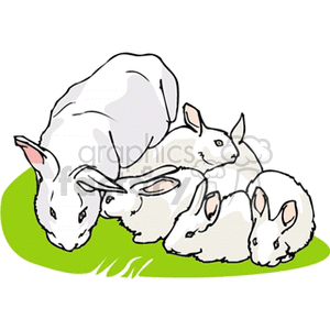 The image depicts a group of five cartoon rabbits huddled together on a patch of green. The illustration style is simple with minimal detail, using outlines and basic shading to define the animals. The rabbits appear to be in a relaxed or familial setting, suggesting a theme of togetherness or perhaps signifying springtime or Easter.