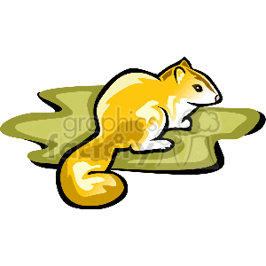 The clipart image depicts a stylized chipmunk, which is a small, striped rodent. It's positioned on a green and brown background, which could represent the ground or foliage where chipmunks typically dwell. The chipmunk has a distinct coloration with shades of yellow and white, and it appears to be in a seated position with its tail extending behind it.
