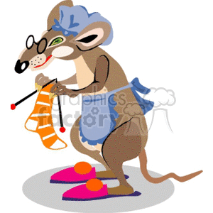 The clipart image depicts a cartoon mouse dressed in a blue apron and a blue hat. It appears to stand on its hind legs on a purple mat with red and yellow accents, possibly resembling a pair of slippers. The mouse is also holding a knitted orange and white striped sock with knitting needles and yarn, suggesting that it is knitting.