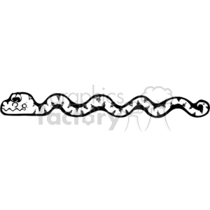 The image is a black and white clipart depicting a stylized snake. The snake has a patterned body that creates a line, which could be used as a border or divider in a document or design. The snake's head is detailed with eyes and a smiling mouth, adding a friendly or humorous character to the image. The design appears to have a country or rustic style, and it's part of a collection depicting animals, specifically snakes, in clipart form.