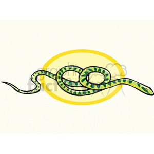 The image depicts a stylized clipart of a green snake with patterns on its body, coiled with its head extended outwards, set against a stylized yellow oval backdrop.