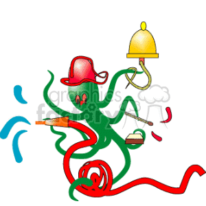 This is a whimsical clipart image featuring an octopus in the role of a firefighter. The octopus is depicted with a red firefighter's helmet on its head. It's using one of its tentacles to hold a fire hose, which is spraying water to presumably extinguish a fire. Another tentacle is ringing a yellow fire bell, while another holds a megaphone. There are also water splashes shown in blue, which contribute to the firefighting theme. The octopus also holds a red object that could represent a firefighter's tool or part of the hose. Overall, the clipart is colorful and depicts the octopus as an active and helpful fireman.