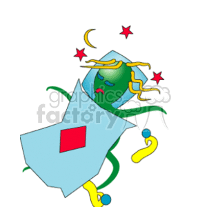 This clipart image features an anthropomorphized octopus character that appears to be feeling unwell or suffering from a hangover. The octopus has a green complexion and there are stars spinning around its head which is a common visual representation of dizziness or being stunned. The octopus has a pained expression on its face, its eyes are half-closed and its tongue is sticking out, which suggests nausea or discomfort. The octopus is also draped with a pillow or a blanket with a red square on it, often used to indicate illness or the need to rest. The moon and stars imply that it might be nighttime or that the octopus is seeing stars due to its condition.