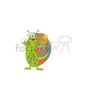 This is a cartoon clipart image of a colorful, stylized snail. The snail has a large shell with swirls of multiple colors, a green body speckled with smaller colorful dots, and a cheerful expression, shown with wide eyes and a smiling mouth.