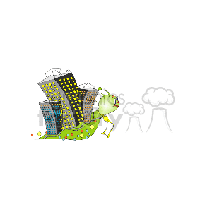 The clipart image depicts a stylized snail with a cityscape on its shell. The buildings on the shell have windows and appear to be skyscrapers, suggesting an urban environment. The snail itself has a green body, and there are colorful dots that could be interpreted as lights or decorative elements along the snail's trail. The concept seems to be a whimsical fusion of nature and urban life, emphasizing a slow-paced city or the idea of carrying one's home.