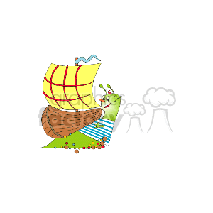 This clipart image depicts a whimsical scene of a snail with elements typically associated with a sailboat. The snail's shell has been stylized to look like a wooden boat hull with a large, striped sail attached to it. The sail is yellow and red, with what appears to be a wavy blue and white pattern at the top, perhaps representing waves or a sail trimming flag. The snail has a happy expression, its eyes are on stalks, and it is riding on a surface with blue and white stripes that suggest water. It seems like a light-hearted, imaginative take on combining a snail with nautical themes.