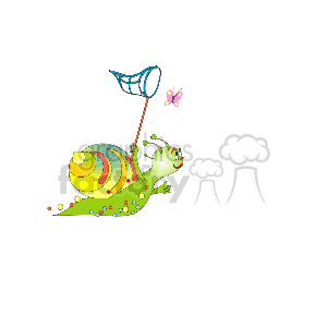 The clipart image shows a whimsical, cartoon-like depiction of a green snail with a colorful shell. The snail has a joyful expression and appears to be moving forward. Additionally, it's holding a net on a stick with which it seems to be trying to catch a small, pink butterfly above it. The depiction is lighthearted and imaginative, rather than reflective of any real animal behavior.