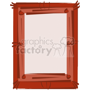 This clipart image depicts a stylized wooden picture frame. The frame features decorative elements such as carved notches and spherical accents at the corners. It has a broad border and is designed with a central empty space to contain an image, text, or any other insertable content. The frame has a brownish-red color reminiscent of wood and a three-dimensional appearance due to the shading and highlights.