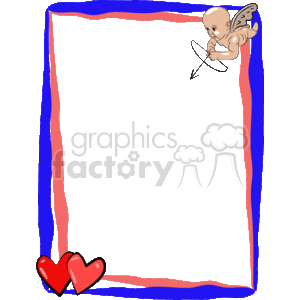 The image displays a decorative frame or border, which is associated with Valentine's Day. In the upper right corner, there is a depiction of Cupid with wings, kneeling and ready to shoot an arrow. Along the bottom left corner, there are two red hearts. The main color scheme of the border is blue and pink, and the main space where one could place text or additional images is black.