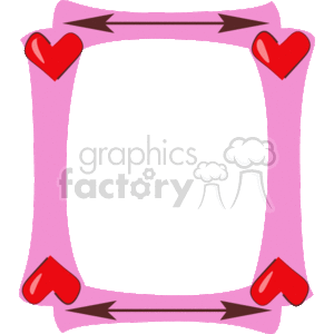 The image depicts a rectangular frame with rounded edges. The frame has a pink color with darker pink highlights and features a heart motif. There are four red hearts: one in each corner of the frame. The hearts are connected by what looks like pink bands or arrows that border the entire frame, creating a continuous path from heart to heart. This clipart image could be used for creating decorative borders or frames on invitations, greeting cards, or other materials that require a loving or affectionate theme, such as Valentine's Day designs.