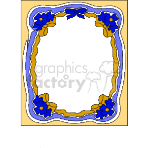 The clipart image shows a decorative frame or border. The frame consists of a series of wavy, interlocking lines that create a central area meant for text or images. At each corner of the frame, there is a blue flower with a yellow center, and a ribbon bow adorns the top center. The background of the clipart is a beige or light yellow color, which contrasts with the dark, empty center of the frame, the blue flowers, and the ribbon. The overall appearance is reminiscent of a fanciful, possibly hand-drawn border that one might find on a greeting card or decorative stationery.